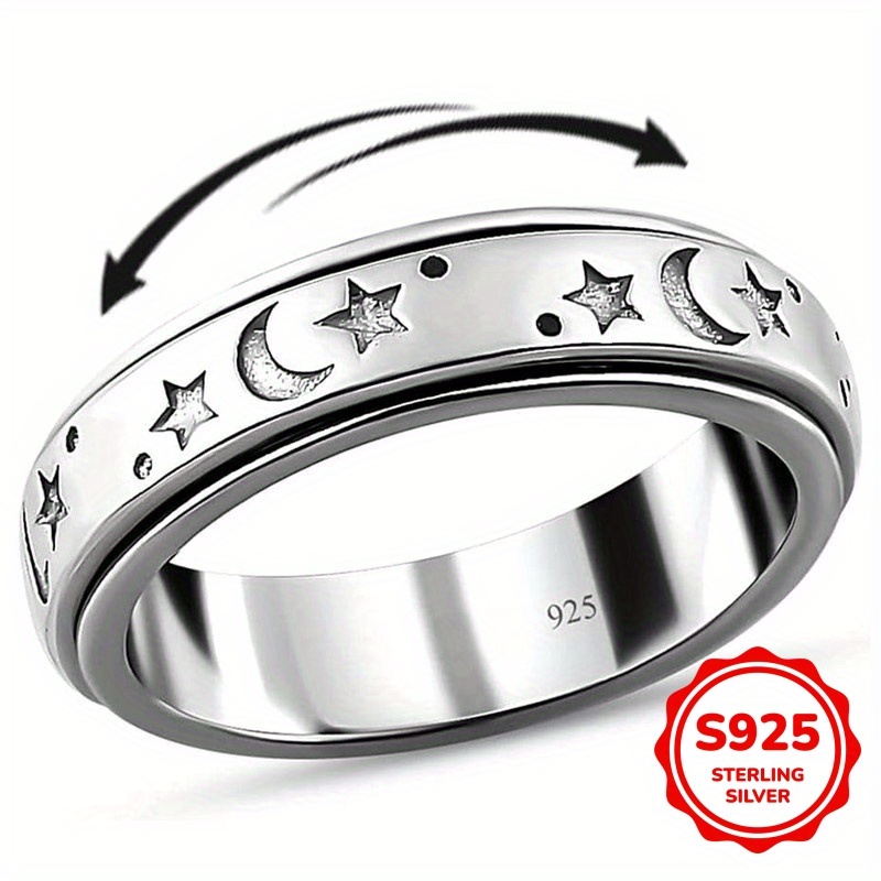 TEMU Elegant 925 Sterling Silvery Rotatable Star And Moon Rings For Women - Ramadan Anxiety Jewelry, Rhodium-plated, Perfect For Daily Wear Or