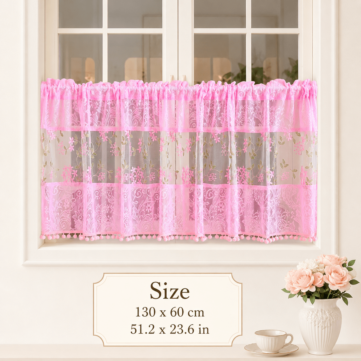 TEMU 1pc Pink Sheer Cafe Valance Curtain With Dark Pink Hydrangea Embroidery And Pom Pom Trim, Short Kitchen Curtain