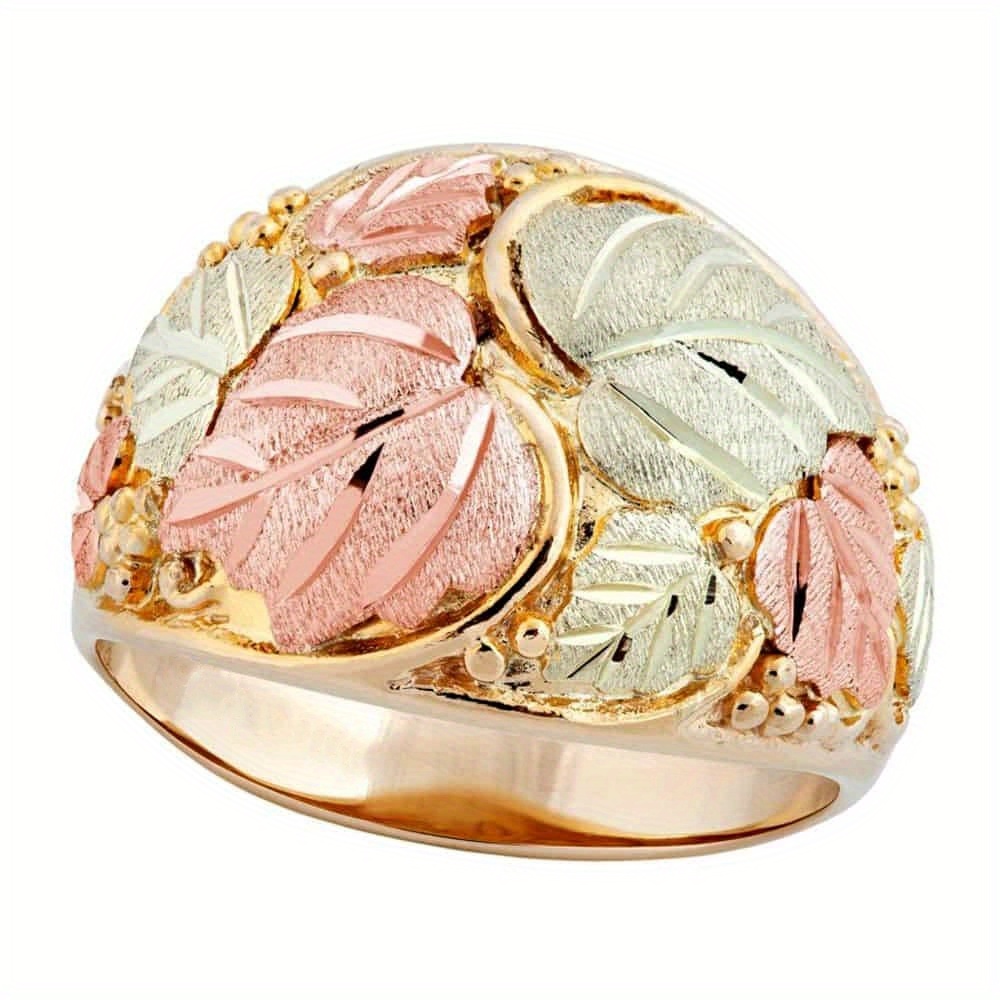 TEMU Luxurious Ring For Women Featuring A Stacked Design With A Golden Hue And Leaf Carvings Colors.