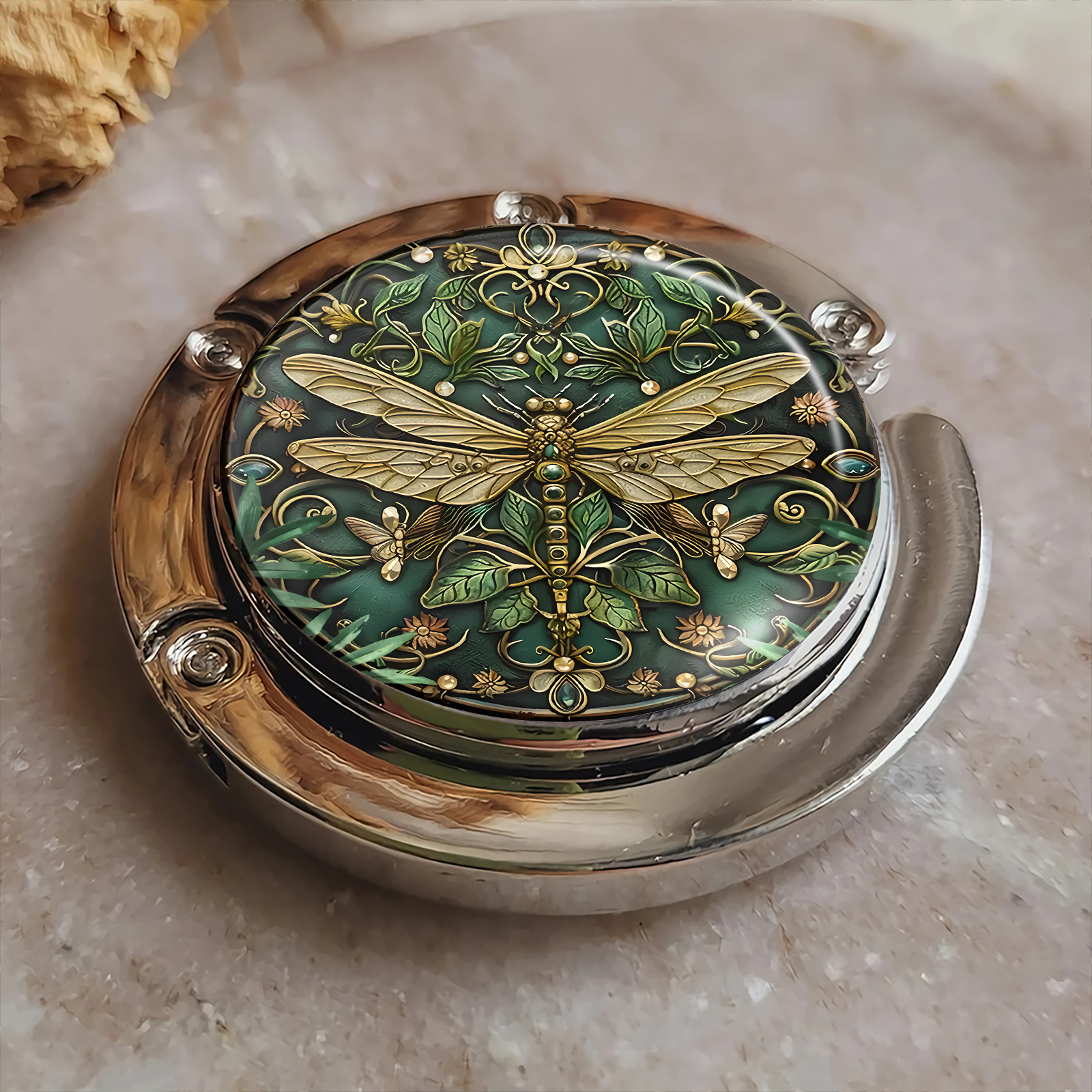 TEMU Emerald Decorative Disc Portable Hook, Folding Handbag Storage Hook, Mature Style, With Unique Gifts, Suitable For Travel And Home Use, Space-