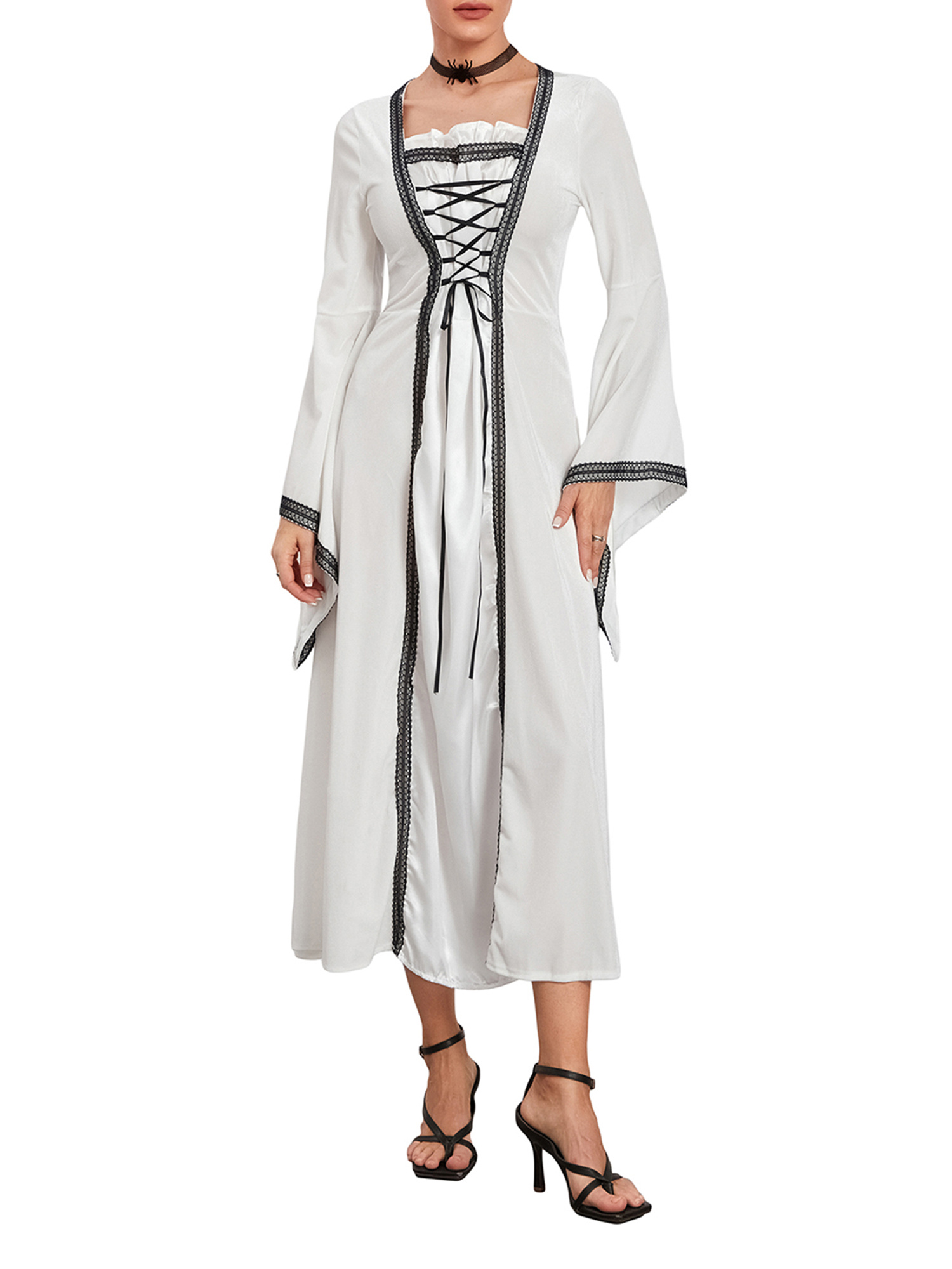 Robe Renaissance Femme Manches Longues - Motifs Floraux - Parfaite Pour Cosplay, Fêtes Ou Soirée Médiévale