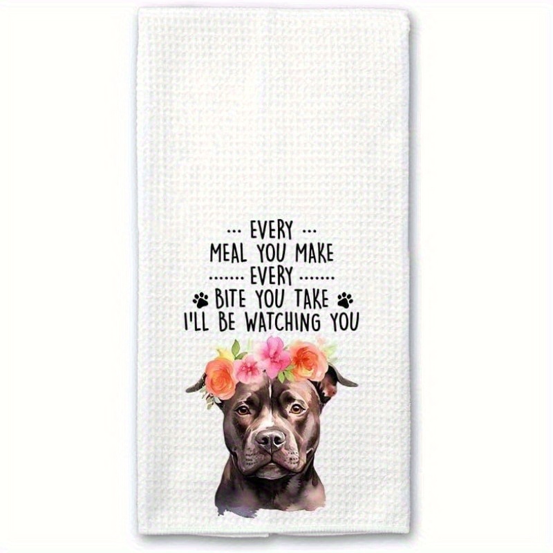 TEMU 1pc 18x26" Funny Kitchen Towel With Staffordshire Bull Terrier & Quote " Meal ..." - Super Soft Polyester, Cartoon & Floral Details, Machine