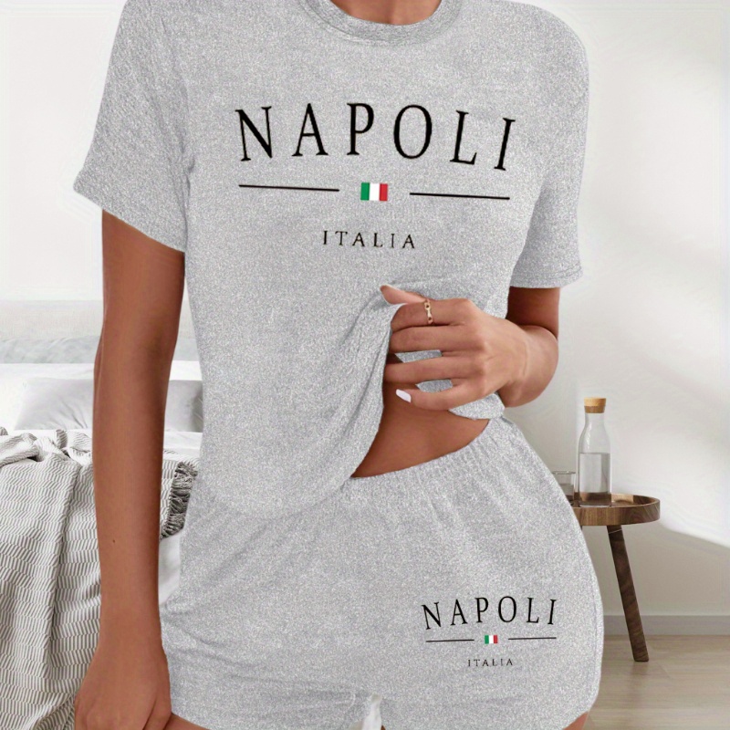 

Napoli Italy Flag Print Women's Casual Summer Set - Gray Short Sleeve T-shirt & Shorts, 100% Polyester, Machine Washable