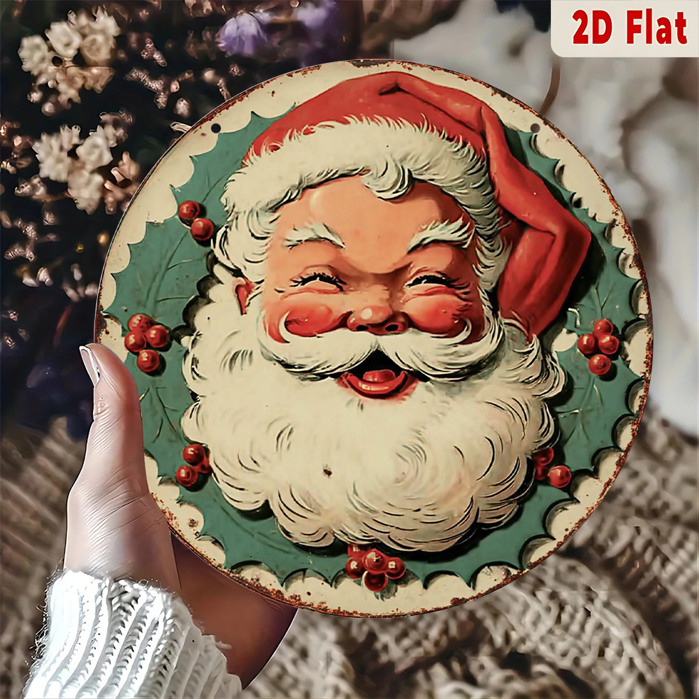 TEMU 2d Flat, Round Retro Santa Claus Face Metal Wall Art - Aluminum Christmas Sign With, Easy To Hang / Holiday Decoration Suitable For Home, Office, - Perfect Gift Idea, 2d Flat