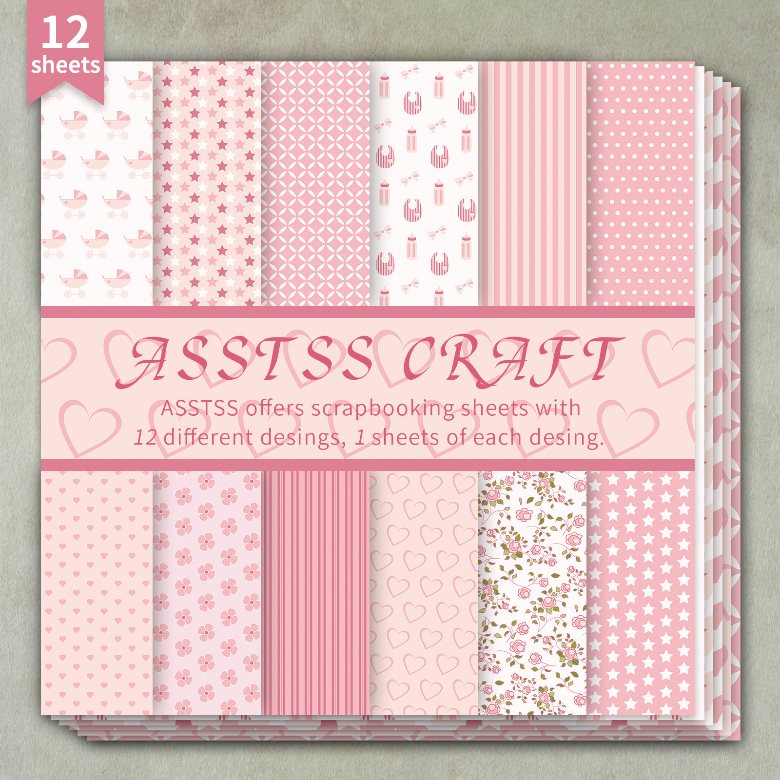 TEMU Lot de 12 feuilles de papier scrapbooking ASSTSS pouces, papier de base rose pour bébé fille, style géométrique ludique shower, papier cartonné