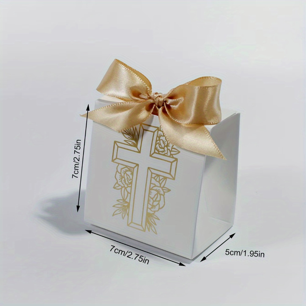 Image of Gift For Her/him Set Of 10 Stylish Cross-shaped Gift Boxes With Floral Designs And Ribbons, Perfect For Religious Baptism Treats, Christian Communion Favors