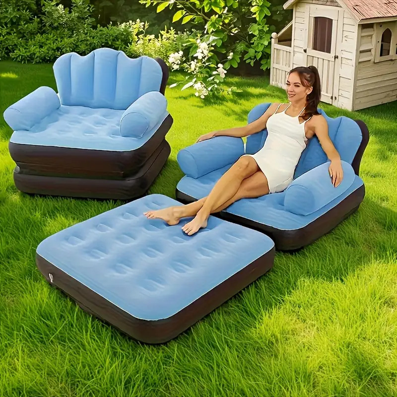 portable inflatable camping sofa chair- thickened pvc, quick inflation/deflation, multifunctional air bed for adults- foldable lazy sofa, suitable for camping, travel, beach, garden, and balcony- blue/khaki, tent for camping, camping mat, camping couch, camping air mattress, camping accessories, camping beds for couples, camping sleeping pad, camping pad, air sofa camping, camping mattress pad, beach lounger, balcony furniture, spacesaving furniture, compact sofa, Product details 4