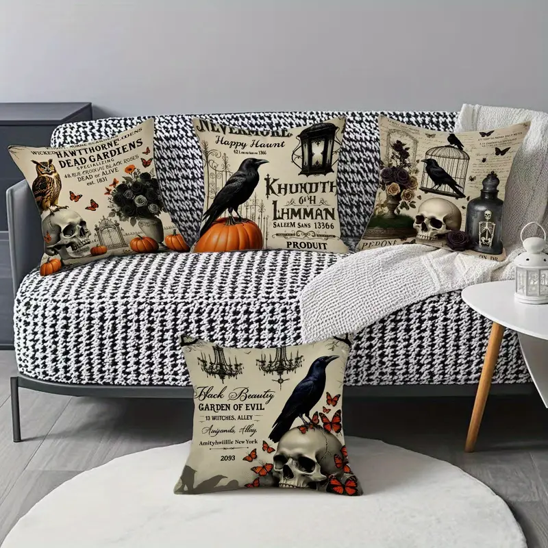 4pcs gothic halloween pillow covers - skull, , witchy designs with zipper closure - spooky decorations for living room, bedroom, sofa, car - double-sided polyester printed pattern - decor cushion cases - easy-clean halloween party decorations, halloween decorations, seasonal room accents, contemporary style, durable fabric, decorative pillows, seasonal stylists, bedroom accents, theme, hand wash only, throw pillow covers, seasonal - home decoration Product details 4