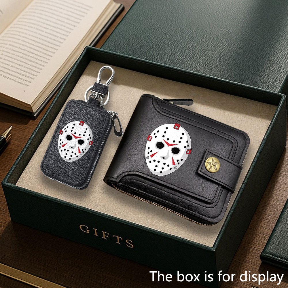 TEMU 2pcs Wallet And Keychain Set Featuring A Stylish Hockey Mask Print, Perfect For Business Use. This Elegant Combination Is Suitable For Men And