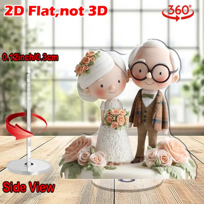 TEMU Décoration de table plate 2D, 1 pièce, décoration de table rotative 2D en acrylique - Statue de couple de personnes âgées avec arrangement