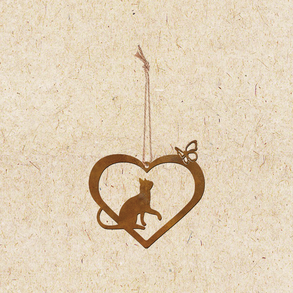 TEMU 2D Plat, Roestkleurig Hangornament met Kat & Vlinder - 2D Acryl Raamdecoratie met Hartvormig Frame Geschikt voor Huisdeuren, Tuinen, Keukens,