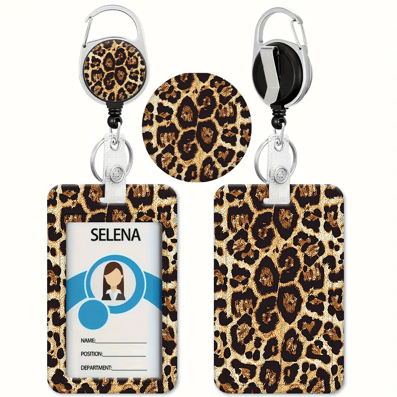 TEMU Leopard Print With A And Black-brown Spotted Pattern, Printed Card Holder With Retractable Snap-style Lanyard - Id Badge Holder, Credit Card