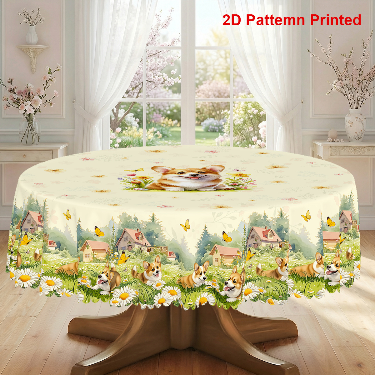 TEMU 1pc, Cute Dog Themed Party Tablecloth, Spring Summer Corgi Daisy Floral Pastoral Style Printed Design, Rectangular/round/oval Table Cloth,