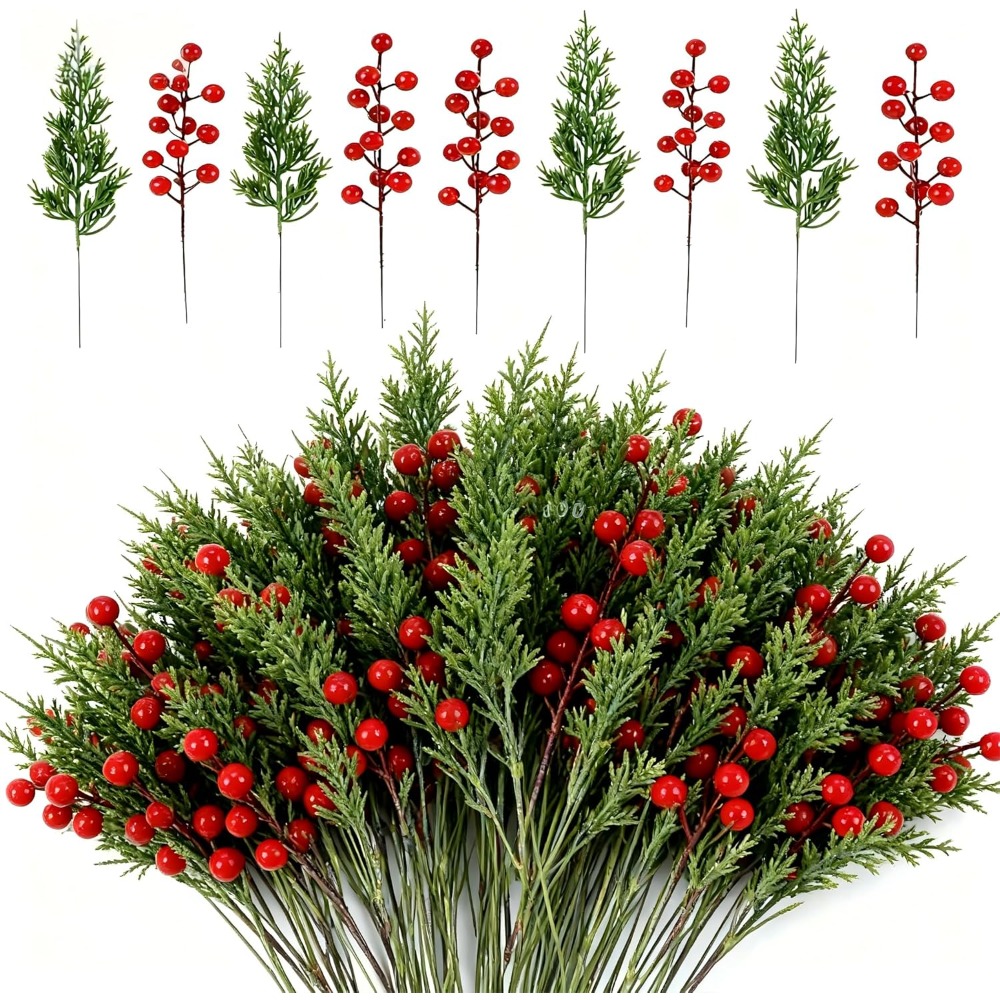TEMU 40pcs Artificial Christmas Pine Branches With Stems Uv Resistant Realistic Greenery For Front Door Porch Window Living Room Bedroom Table