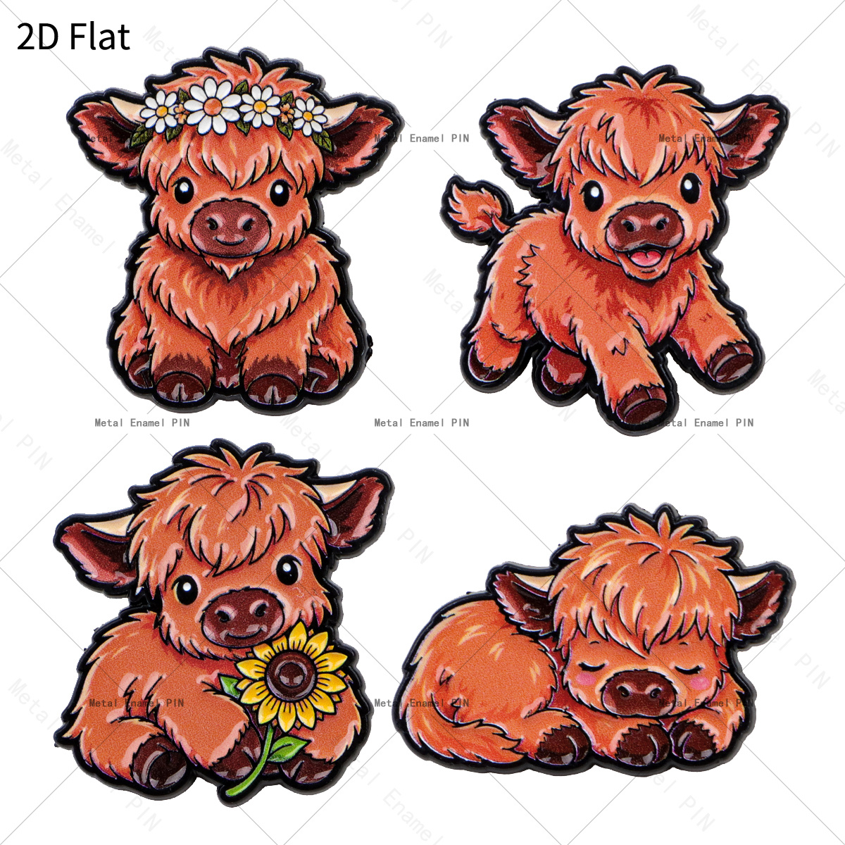 TEMU 2d Flat, 2d Flat 4pcs/set Adorable Highland Cow Lapel Enamel Pins And Brooches Badge Pins For Backpacks Bags Backpack Cool Decoration Friend For