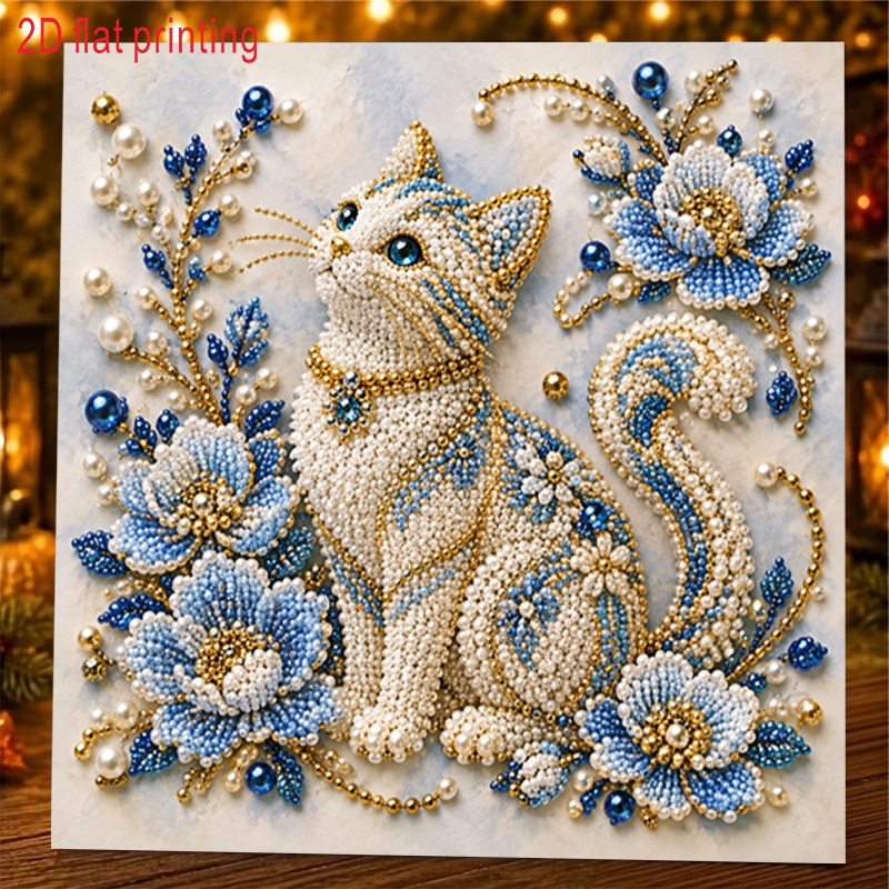 TEMU 1 pièce, Impression 2D à plat, Kit de peinture diamant art , Chaton élégant dans une palette de couleurs bleues et dorées, une œuvre d'art au
