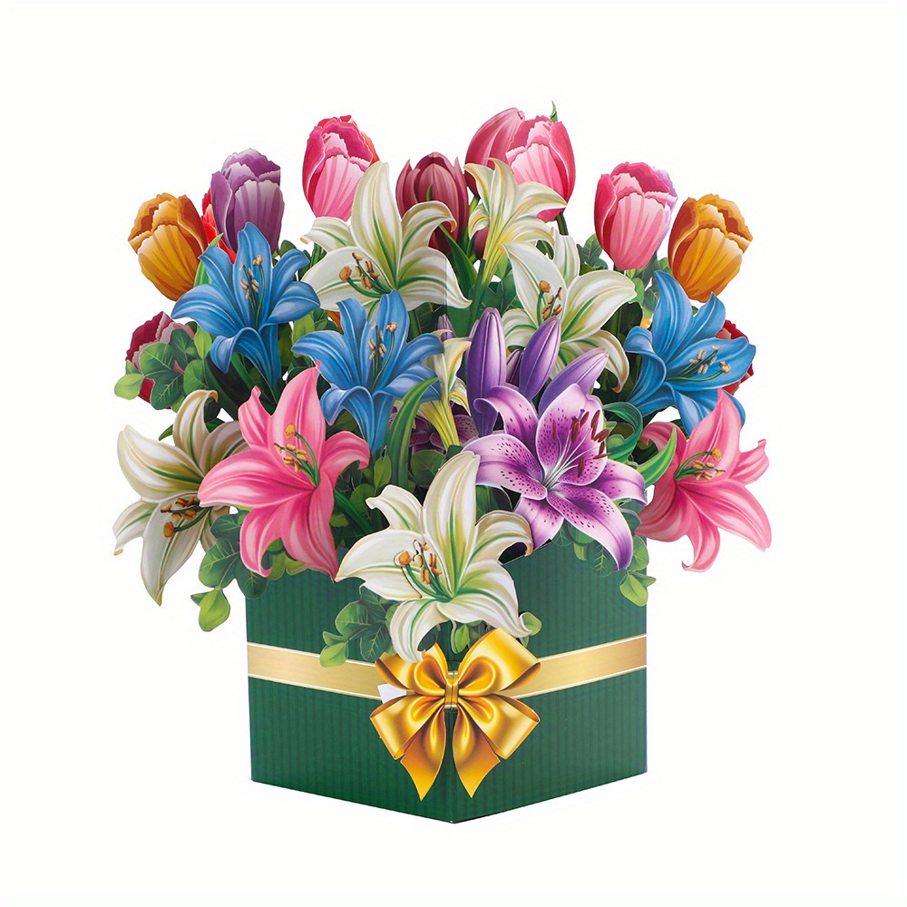 1pc Charming 3D Pop-Up Tulip &amp; Lily Bouquet Card with Vibrant Colors - Perfect for Anniversaries, Birthdays, Mother&#39;s Day, Valentine&#39;s &amp; Weddings - Includes Note Card &amp; Envelope - Unique &amp; Memorable Gift for Her, Wife, Couple, or Loved One, Bouquet Accessories