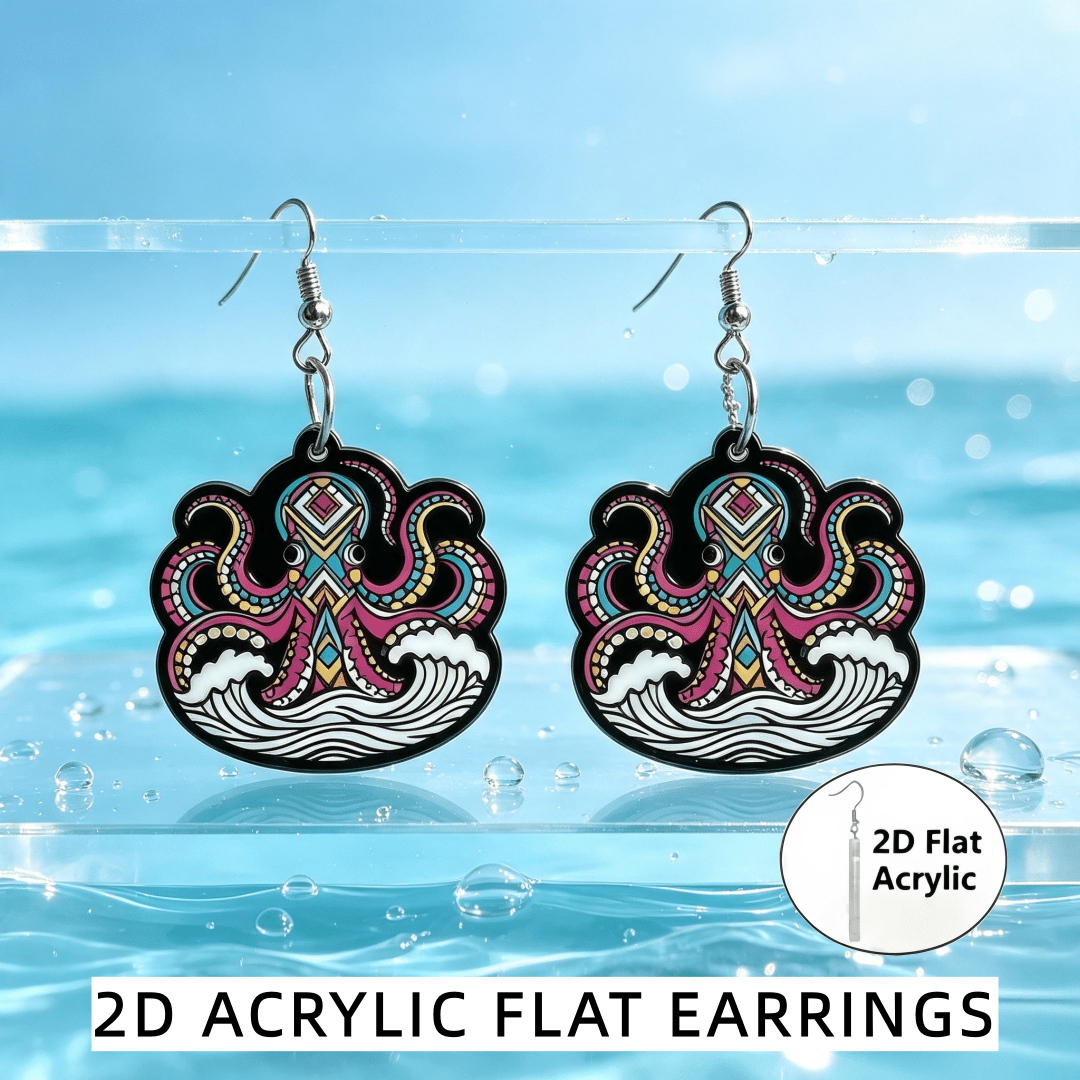 2D Flat Vibrant Ethnic Tribal Printed Octopus Dangle Earrings