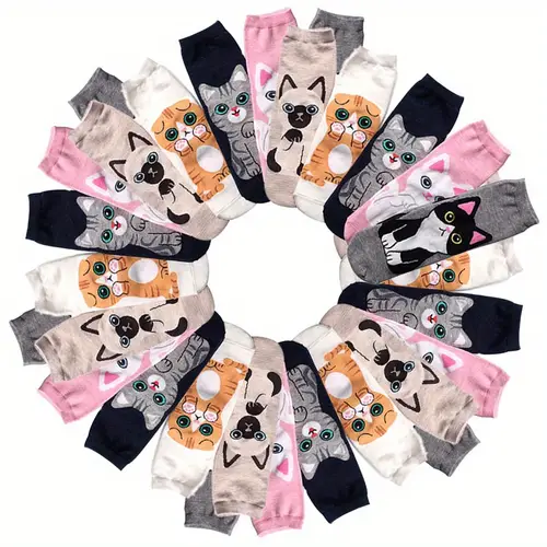 30 pairs cute cartoon cat socks for women men thin calf running socks with anti friction design breathable polyester machine washable spring summer autumn casual athletic socks novelty socks