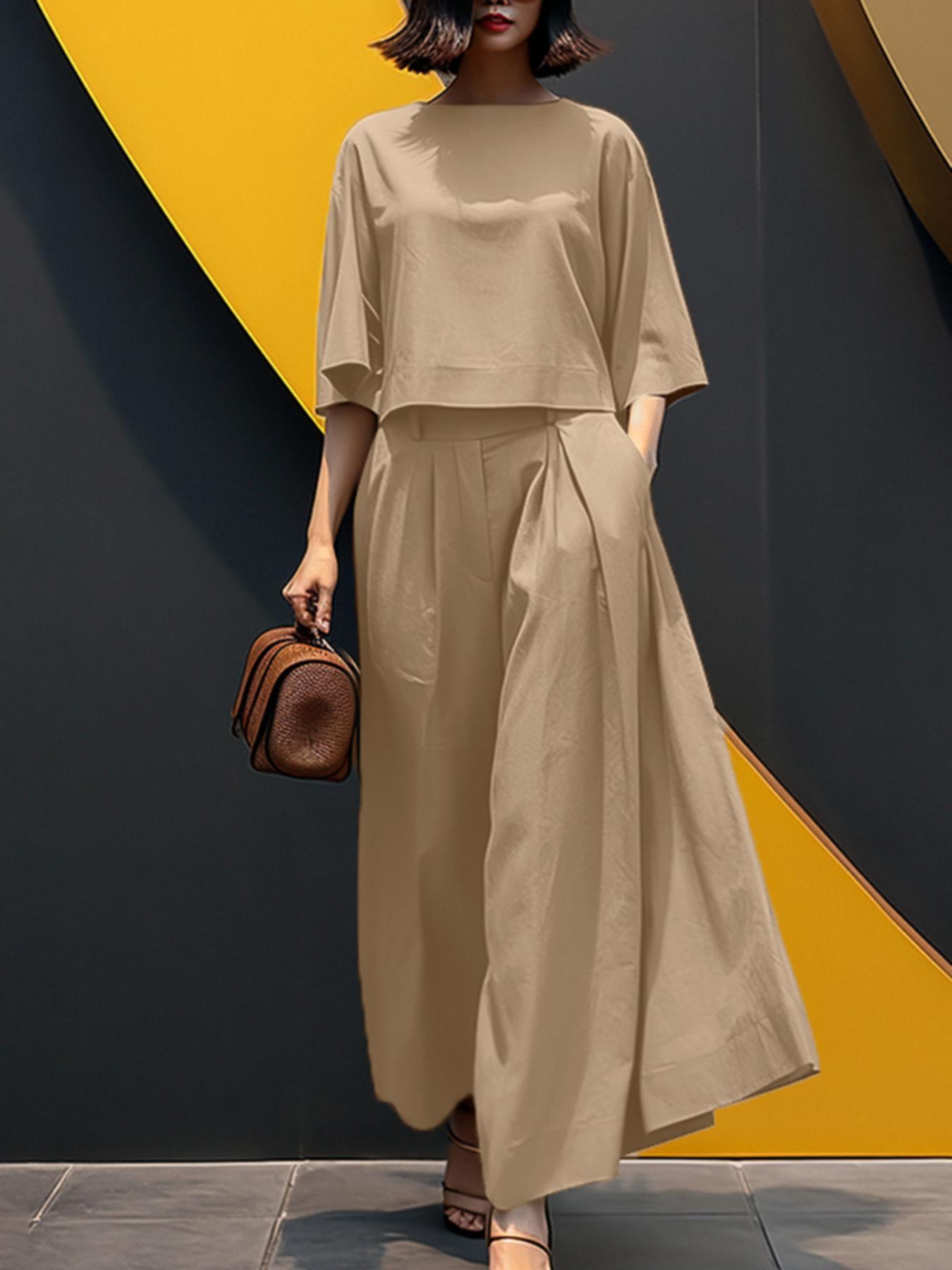 2pcs women sets oversized 3 4 sleeve blouse round neck baggy   and pants wide leg long trousers suits lightweight solid simple casual loose outfit plus size details 0