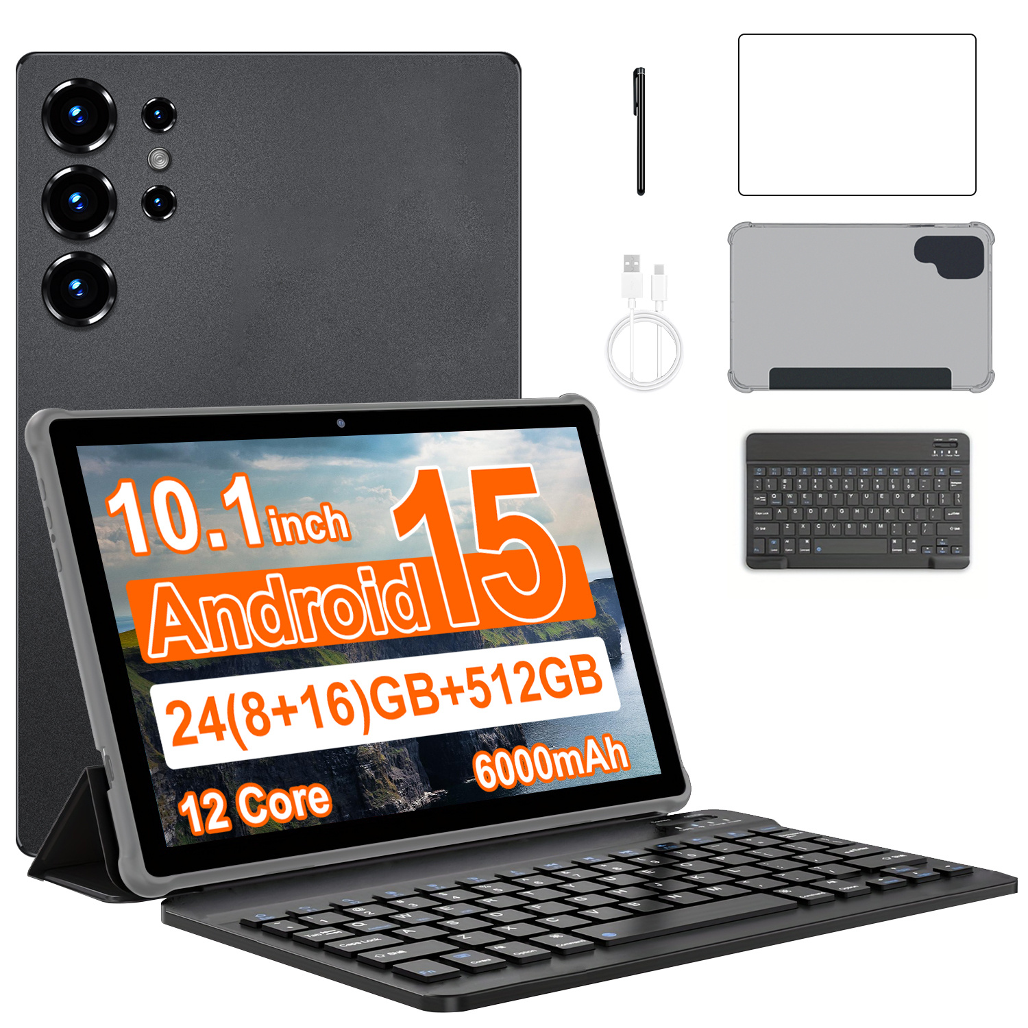 24gb + 512gb Rom 15 Tablet, 10.1 Inch Fhd Ips Display, 5g , 6000mah Long Battery, 8mp+16mp Dual Camera, -core, Type-c Charging