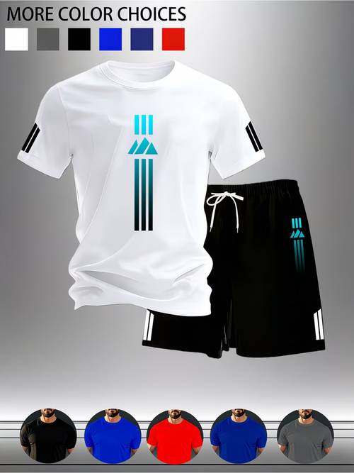 summer mens sports suit quick drying short sleeved t shirt shorts two piece set cool and not stuffy three stripes on the side geometric and stylish multiple colors are is not tight suitable for running