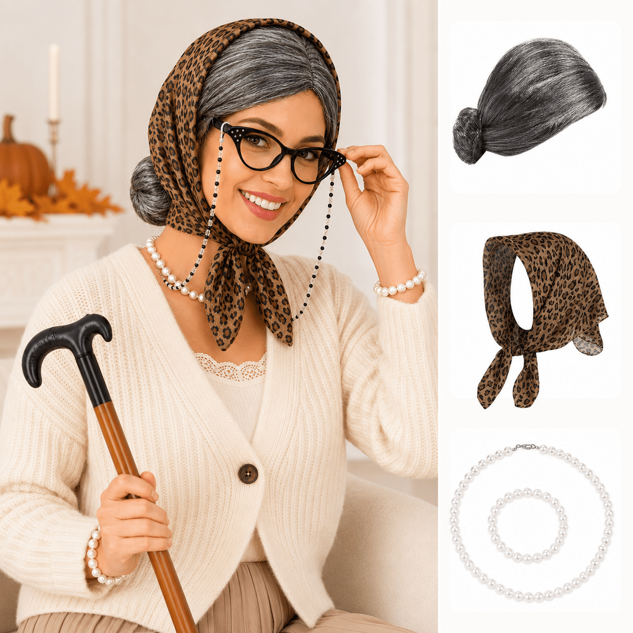 7pcs Grandma Costume Set with Pearl Jewelry
