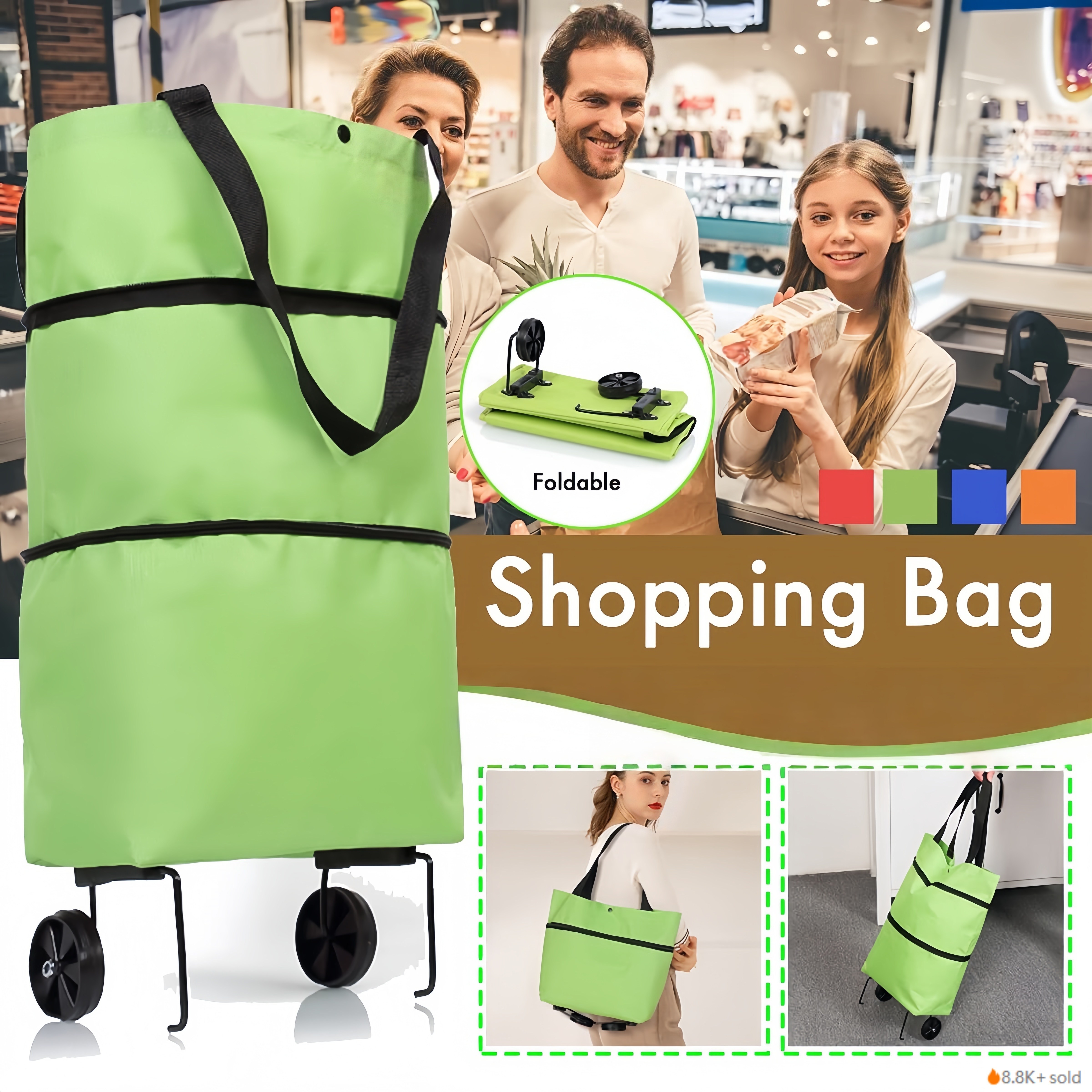 2-in-1 Foldable Shopping Cart, Portable Storage Bag with 55.12LB Capacity, Wheeled Handheld Grocery Trolley, Extra Large Capacity Backpackable Stroller, Suitable for Home Use, Supermarket Shopping Bags, Travel Camping