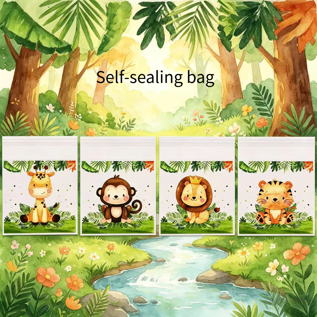 TEMU Jungle-themed Children's Birthday Party Gift Bags: 50 Or 100 Per Pack, Color-printed With Cute Giraffe, Monkey, Lion, And Tiger Designs; Plastic