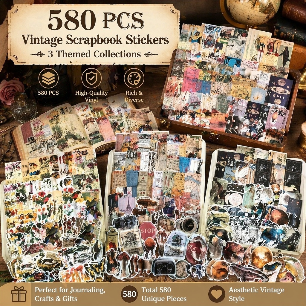 Image of 580pcs Vintage Paper Stickers, 3 Themes Retro Ephemera Pack, Aesthetic Junk Journal Supplies, Decorative Vinyl Stickers For Journaling, Diy Crafts, Planner, Card Making,, Colors Are Random