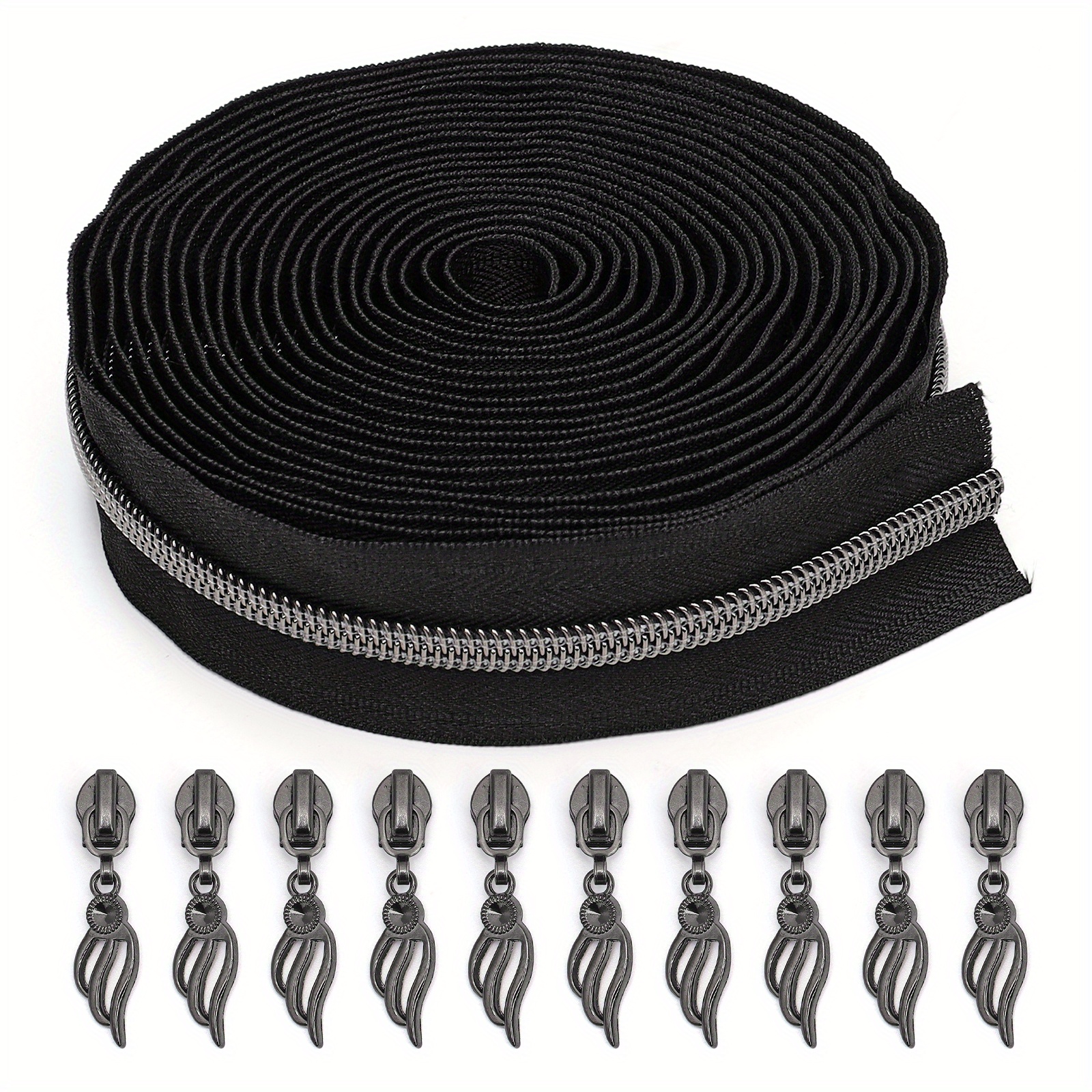 Image of 1 Set, 4.5 Meters/ 5yards Zipper With 10 Gun Colored Zipper Heads, 5 # Nylon Electroplated Gun Teeth Zipper, Slider, Black And White Zipper, Suitable For Sewing Clothing, Bags, Home Furnishings, Etc
