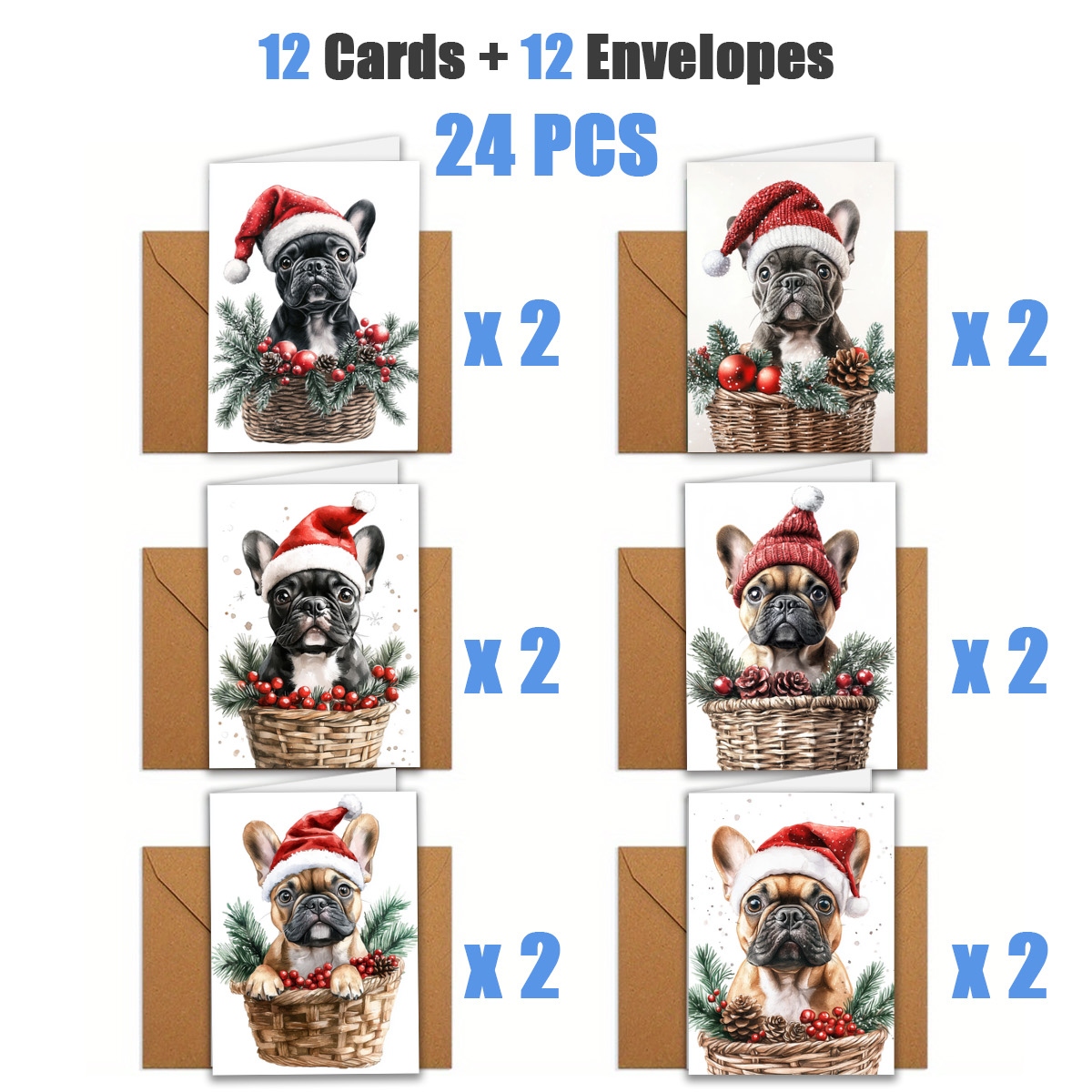 TEMU 1set/ 12pcs/ 24pcs Christmas Greeting Cards With French Bulldogs In Santa Hats And Baskets | Includes Envelopes, Greeting Cards | Perfect For