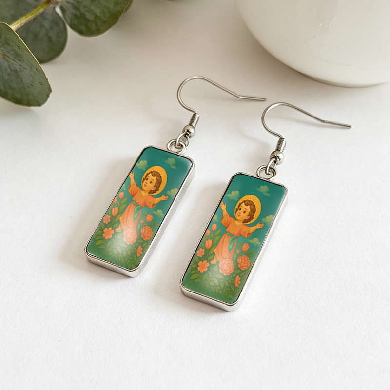 Halo Tulip Floral Rectangular Dangle Earrings, Handmade
