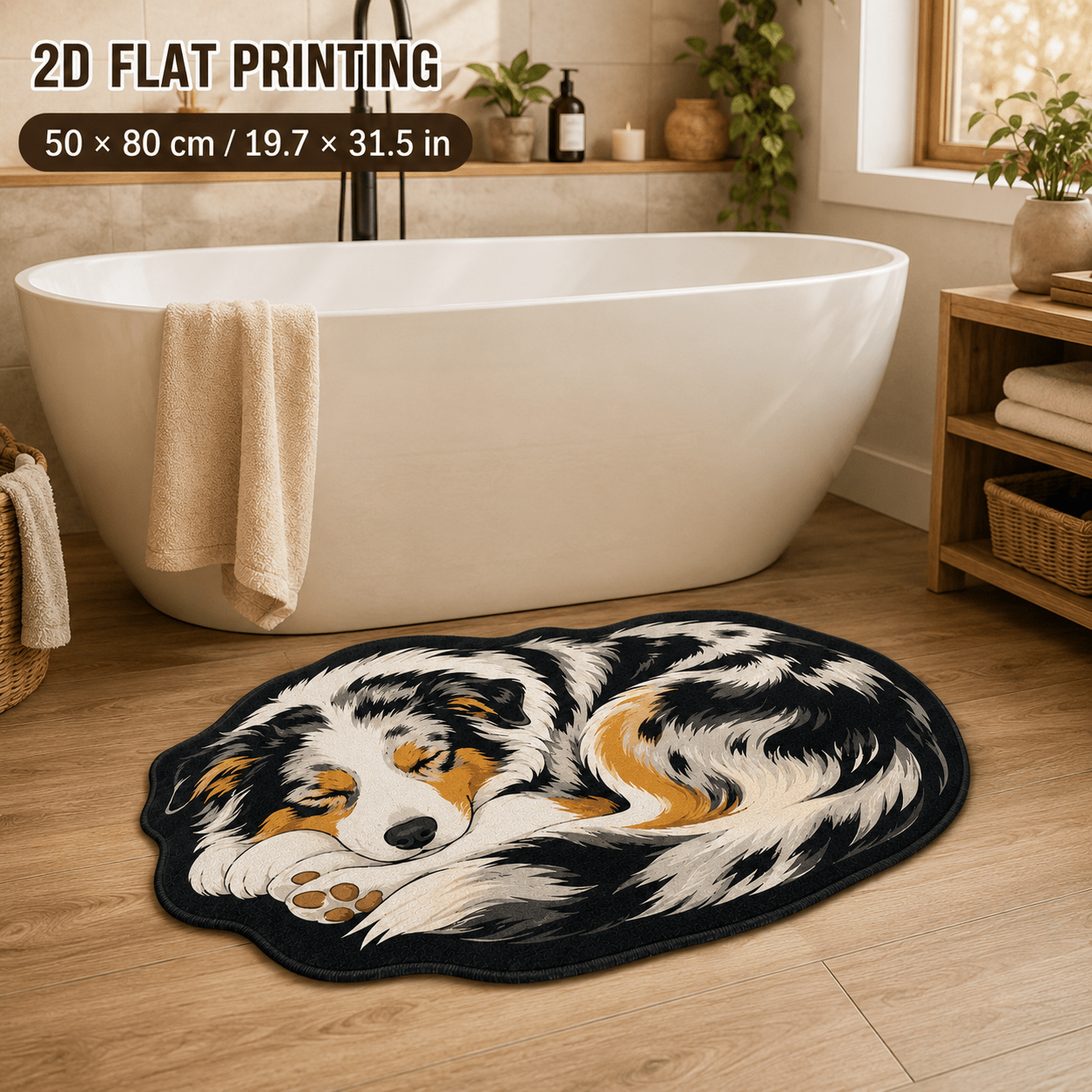TEMU 1pc 850g/m2 2d Flat Bathroom Non-slip Mat, Tricolor Dog Shaped Velvet Floor Rug With Dot-plastic Backing, Soft Decorative Mat For Bathroom,