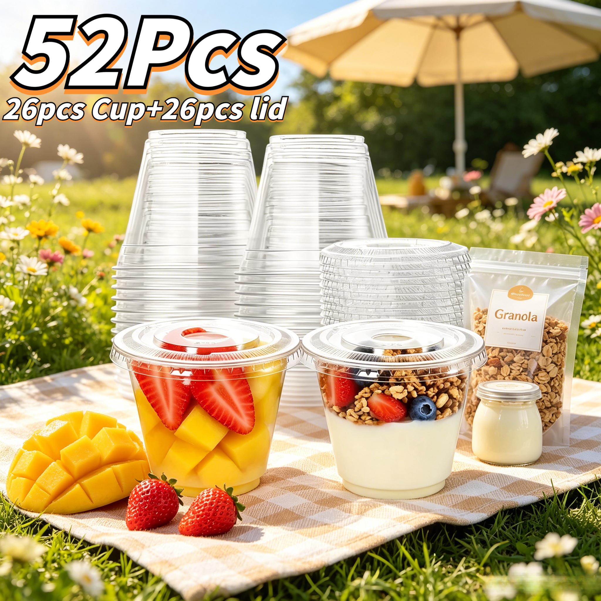 52pcs set of transparent plastic dessert cups 26 cups and 26 lids 9oz non perforated cup lids universal for ice cream cake fruit cold drinks smoothies pudding salads
