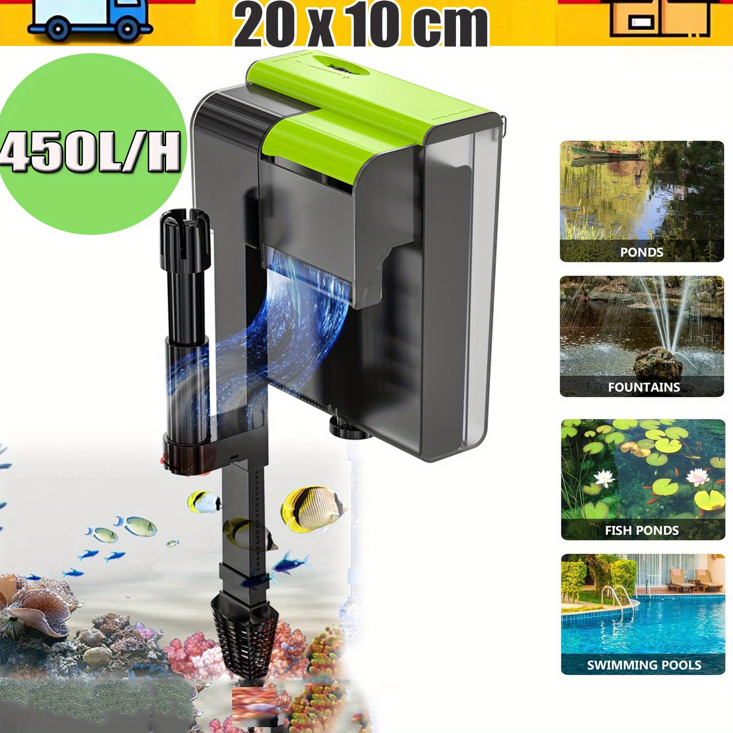 TEMU 1pc Akkee 4-in-1 Adjustable Flow Aquarium Filter, 450l/h Rate, Design For 10-100l Tanks, No Electricity Needed, Mechanical & Filtration For
