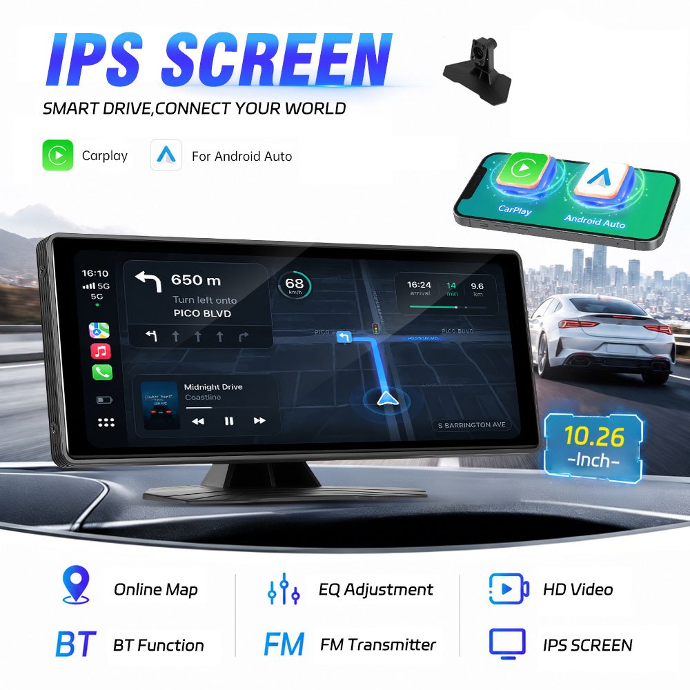10,26-palčni brezžični Carplay Auto zaslon Prenosni zaslon na dotik Radio Stereo z / , Brezžični, FM, EQ, z 12LED & 64GB TF kartico (izbirno