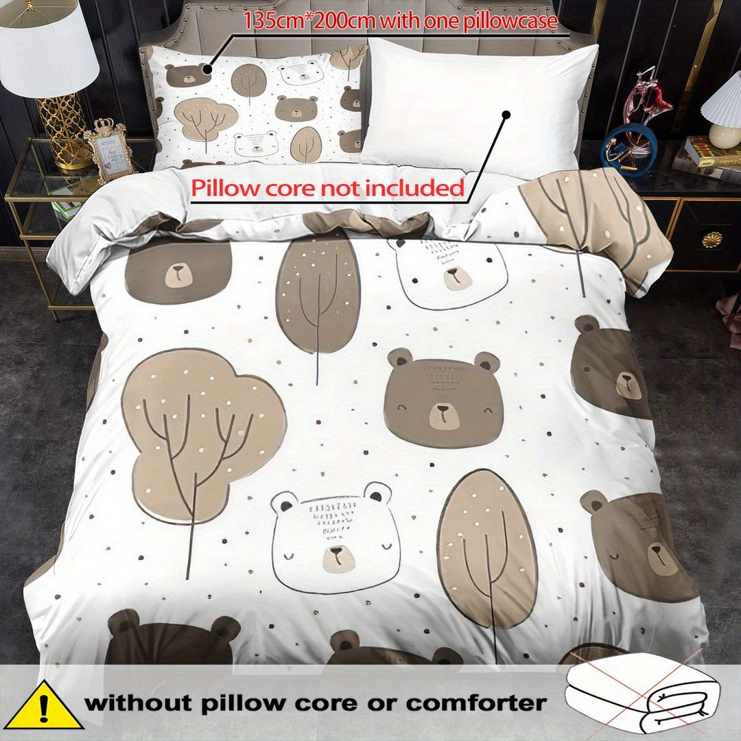 E-shop Bettbezug-Set mit Cartoon-Bär-Motiv – 2/3-teilig, weich, bequem atmungsaktiv, Bettwäsche mit Waldtier-Druck, Bettbezug-Set mit