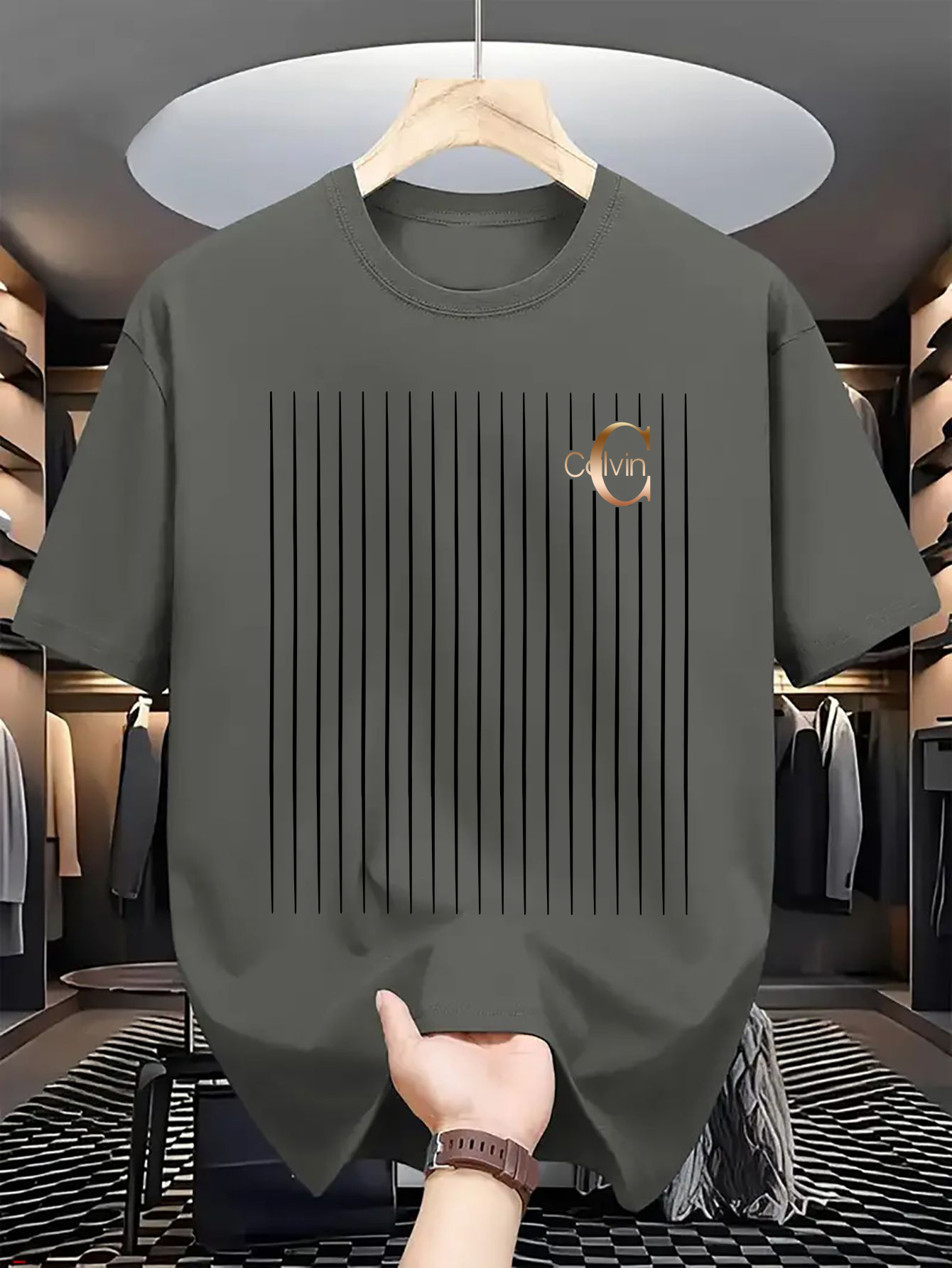 Men's casual and fashionable minimalist lines - C-Calvin printed T-shirt, round neck comfortable polyester fabric, suitable for daily wear as fashionable streetwear, Men's clothing