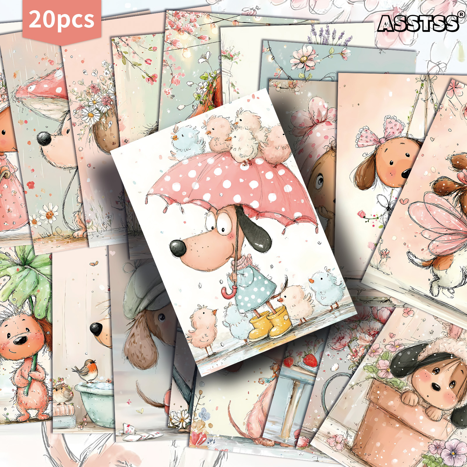 TEMU 20-pack Asstss Vintage Whimsical Spring Puppy Postcards – 4x6 Inches Retro Junk Journal Supplies, Classic Pinup Illustrations Collectible