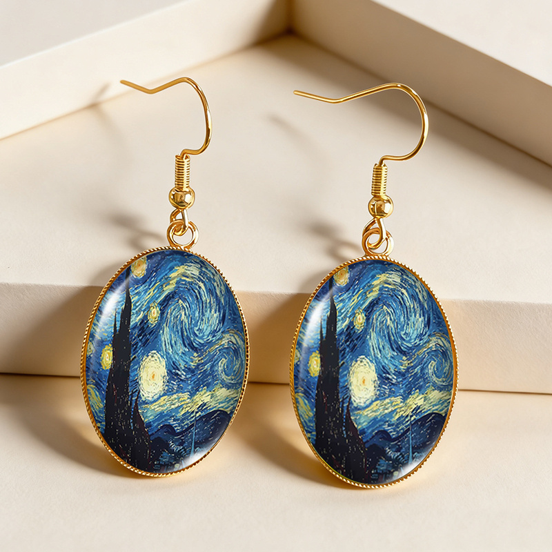 TEMU 1 Par de Pendientes Estrellada, Colgantes Ovalados Dorados, Joyería de Moda con de Vidrio, Sin Batería