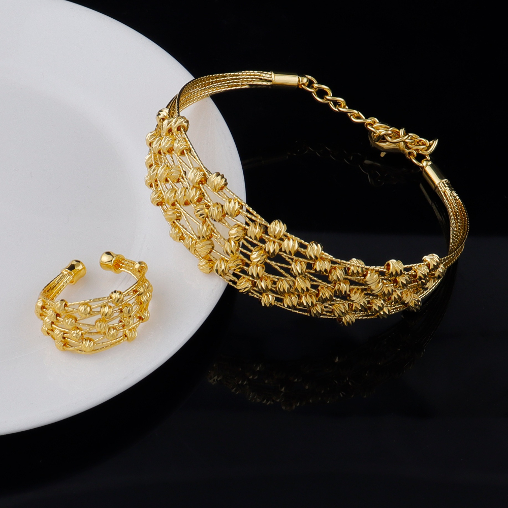 TEMU Ensemble de bijoux géométriques plaqués or 24K pour femmes - Bracelet et bague ajustables, du Moyen-, design luxe minimaliste , parfait pour les