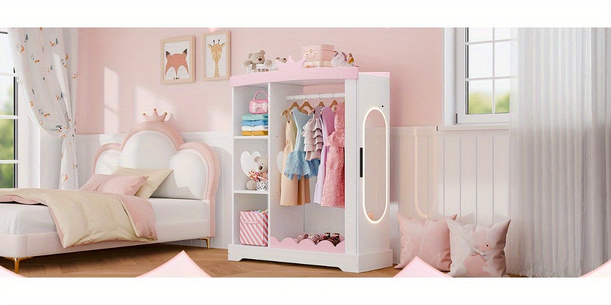 Kids Armoire with Jewelry Cabinet, Dress up Storage with Mirror and Shelves, Princess Dress Closet and Costumes Wardrobe Closet, Costume Organizer for Bedroom, Kids Room, Girls