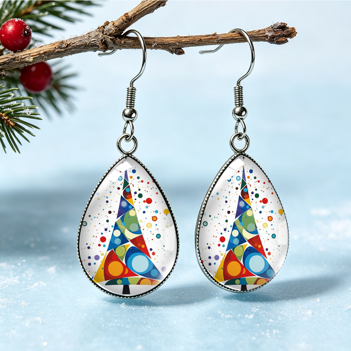 TEMU Paire de boucles d'oreilles pendantes de en acier inoxydable, style géométrique à pois avec motif de sapin de Noël coloré, boucles d'oreilles de