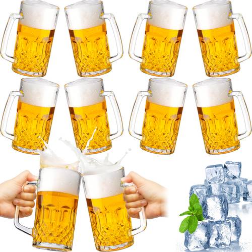 10pcs beer mugs with handles 18 ounce clear glass beer mugs german large heavy cups for tea coffee root floats dishwasher and refrigerator safe durable