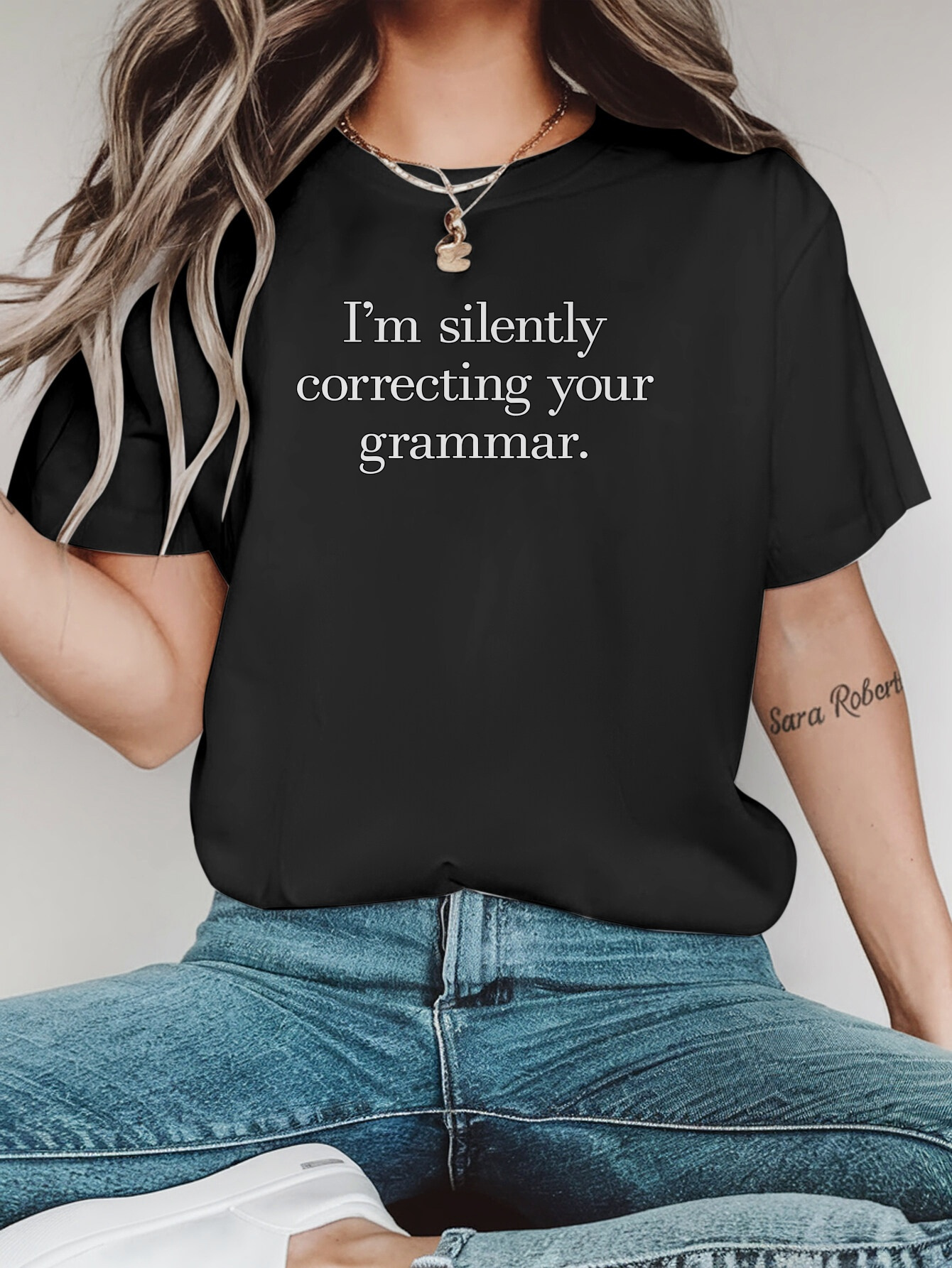 womens casual black t shirt with white text print im silently   your grammar design short sleeve round neck tee for spring summer humorous language casual attire relaxed fit   black 0