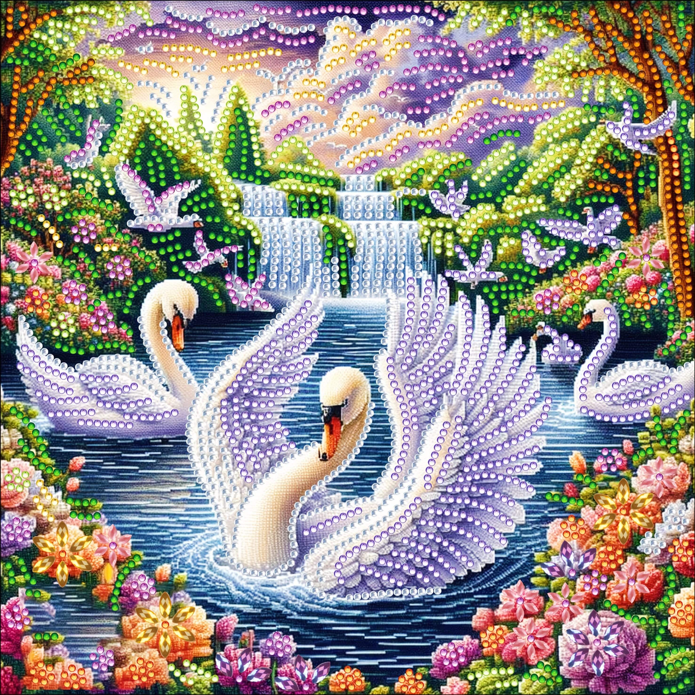 Image of Diy 5d Diamond Painting Kit - Floral Swan And Waterfall Scene, Frameless Canvas Art, Vibrant Animal Theme, Perfect For Bedroom, Living Room, Office Decor, 11.8x11.8 Inches, Includes Accessories