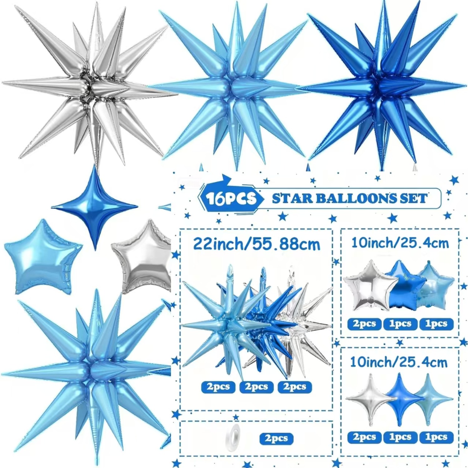 Image of A Set Of 16 Themed Balloons In Blue And Silver, Including -inch Dark Blue Pearlescent Star And -inch Dark Blue Pearlescent Foil Balloon, Designed For Helium Filling And Self-sealing