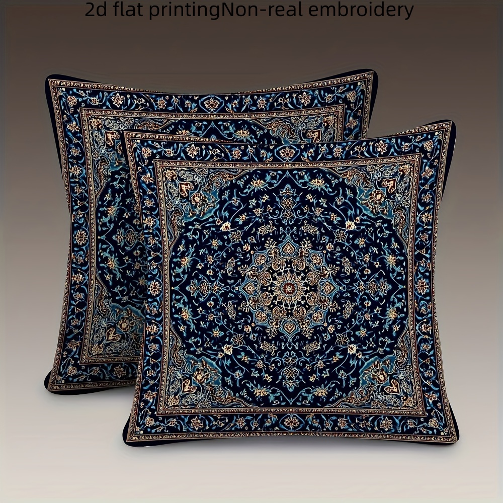 TEMU 2d 2pcs Dark Blue Floral Pattern Pillowcase, Vintage Ethnic Style, Multiple Sizes , Suitable For , 2d Single-sided Print (pillow Insert Not