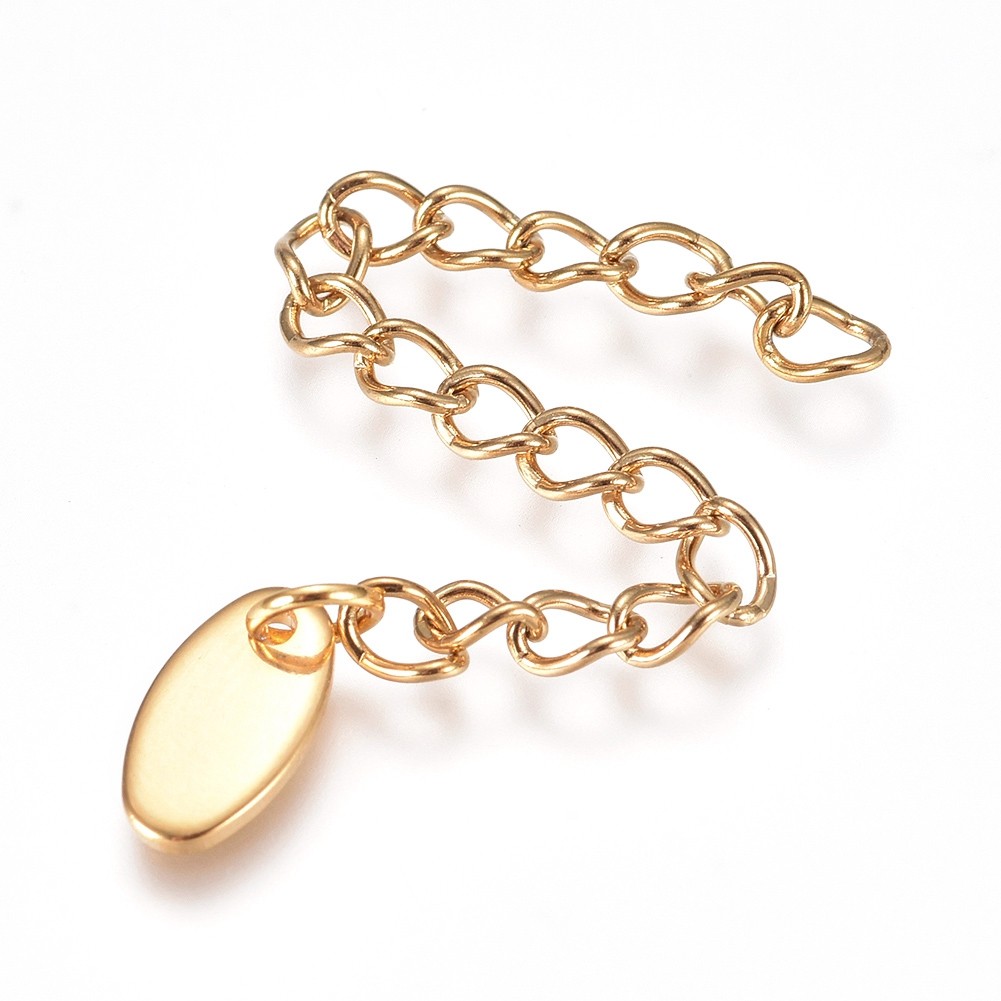 TEMU 5pcs Pvd Vacuum Plated 304 Stainless Steel Chain Extender, Long-lasting Plated, Curb Chain, With Oval Charms, Golden, 58~68mm, Link: 4x3x0.5mm